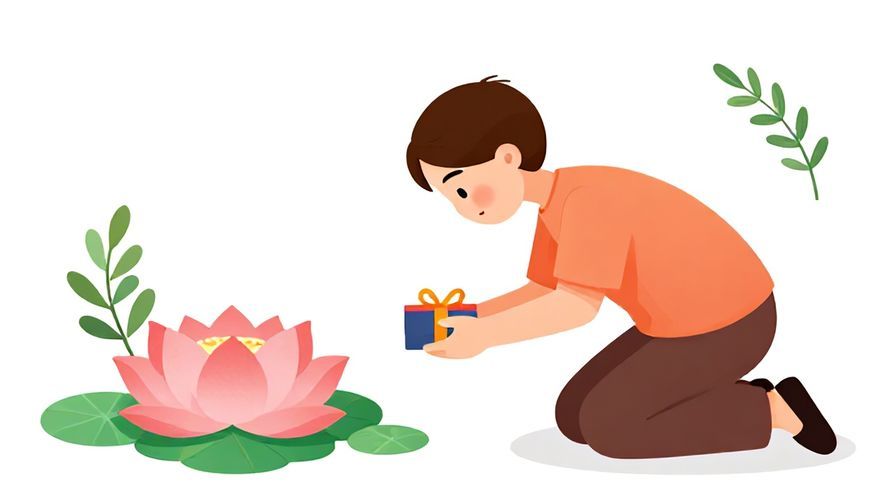 Illustration%20of%20a person bowing slightly and offering a small gift, surrounded by lotus flowers and olive branches