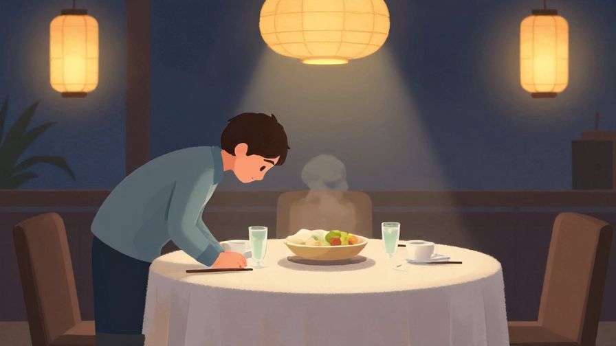 Illustration%20of%20a person bowing slightly at a dining table after finishing a meal, surrounded by soft lantern light and a peaceful ambiance.