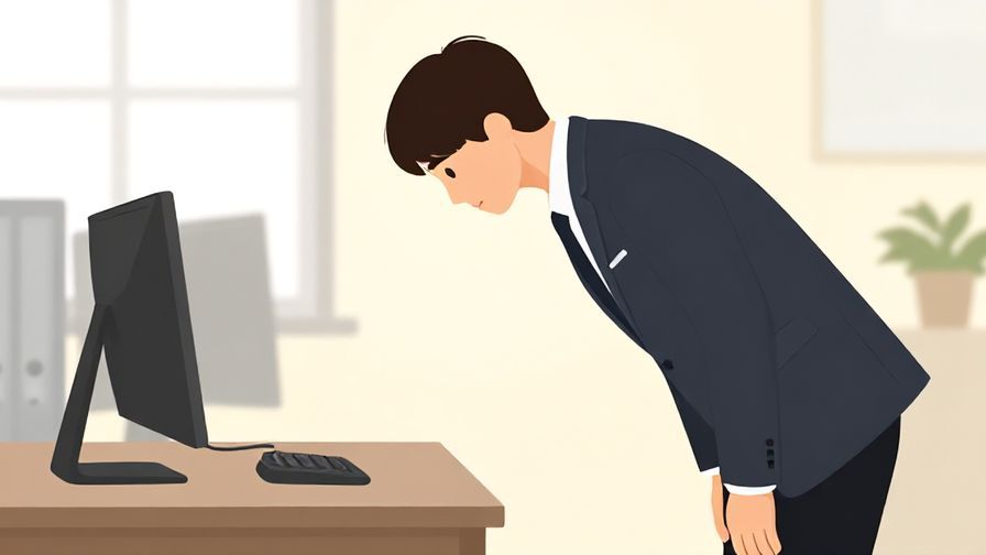 Illustration%20of%20a person bowing slightly in a formal setting, calm colors and office background
