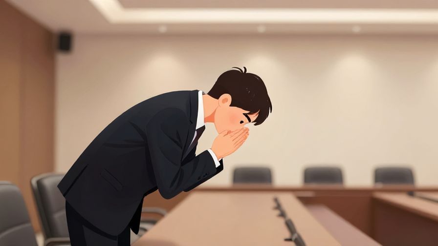 Illustration%20of%20a person bowing slightly in apology, in a formal conference room, gentle lighting