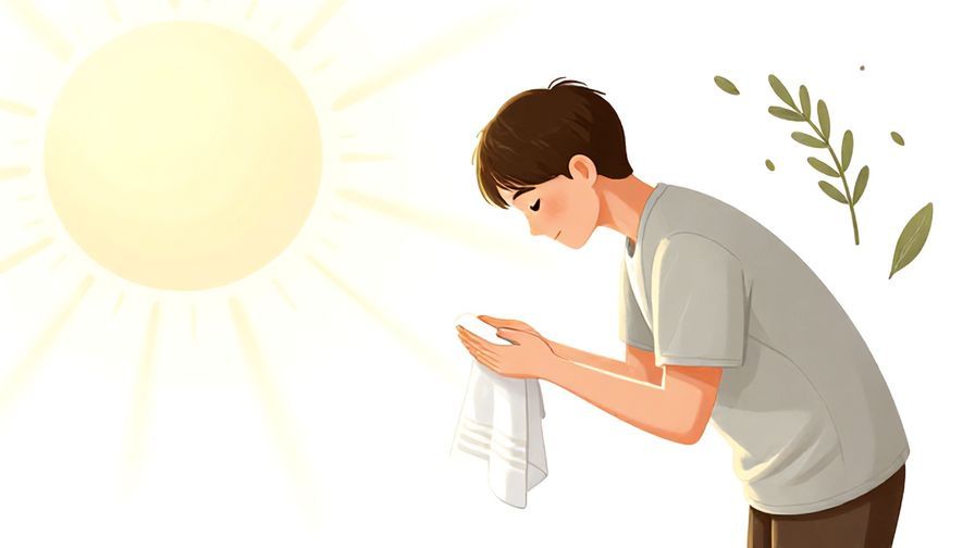 Illustration%20of%20a person bowing slightly while asking for a towel, soft sun rays and olive branches in the background, illustrated style