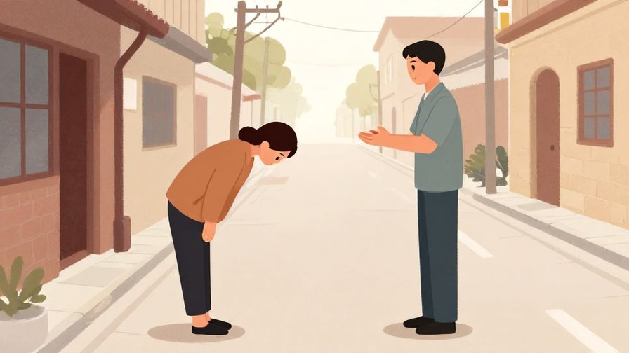 Illustration%20of%20a person bowing slightly while politely asking a local for directions on a quiet street, soft colors, illustrated style
