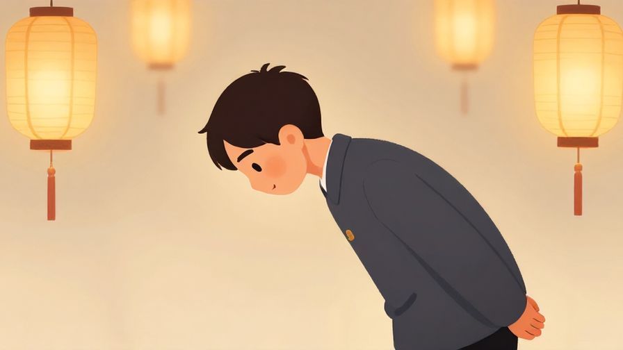 Illustration%20of%20a person bowing slightly with a sincere expression, soft glowing background with elegant lanterns, illustrated style