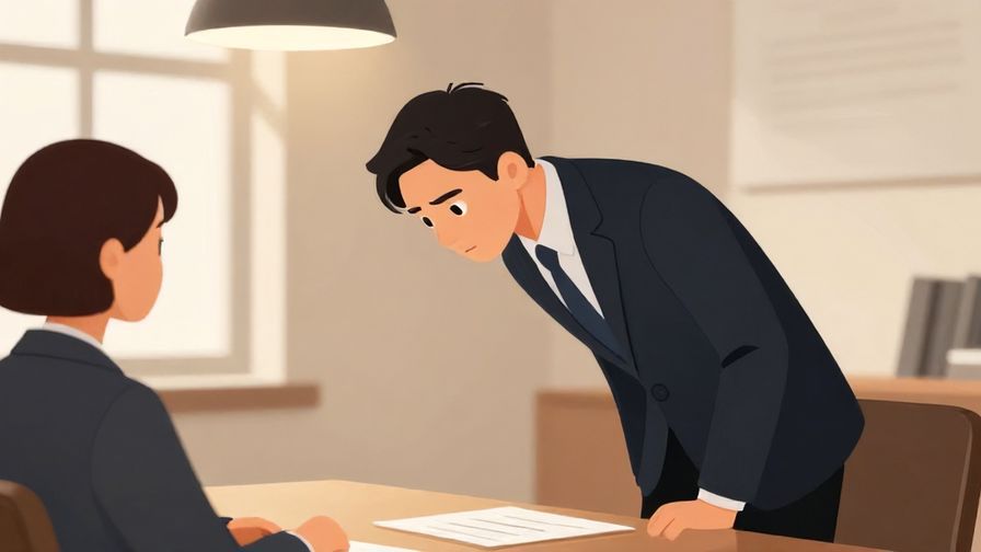 Illustration%20of%20a person bowing slightly with a serious expression in a business meeting room, elegant lighting, illustrated style