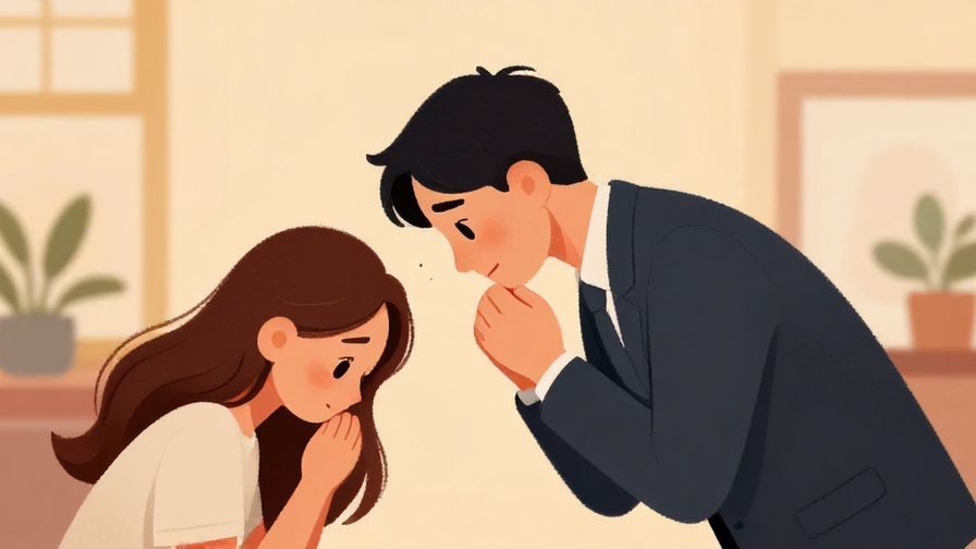 Illustration%20of%20a person bowing slightly with a sincere expression, apologizing while showing doubt, formal interior background, soft warm lighting, vibrant colors, illustrated style