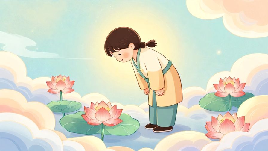 Illustration%20of%20a person bowing slightly with a hopeful expression, surrounded by lotus flowers and heavenly clouds, soft pastel colors, illustrated style