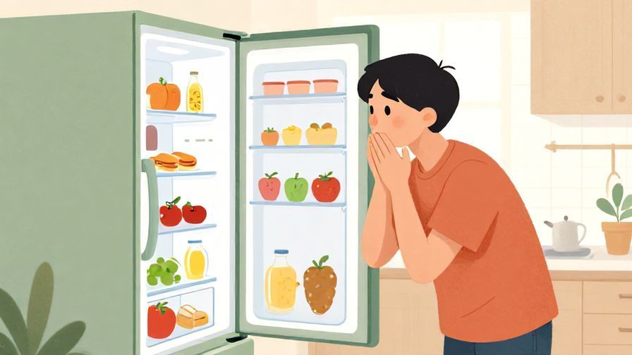 Illustration%20of%20a person browsing a fridge, looking curious and hungry, bright kitchen setting, colorful foods visible, illustrated style