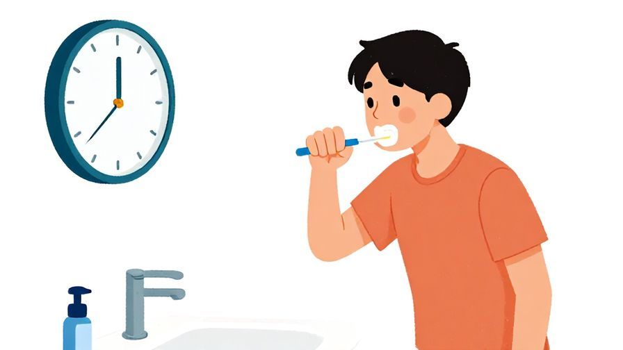 Illustration%20of%20a person brushing teeth in the morning routine with a clock nearby, tidy bathroom scene, bright colors, illustrated style