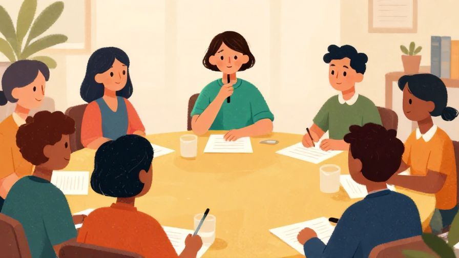 Illustration%20of%20a person calmly speaking at a conference table with attentive listeners, soft lighting, vibrant colors, illustrated style