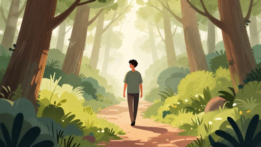 Illustration%20of%20a person calmly walking through a misty forest path, serene expression, soft morning light, vibrant colors, illustrated style