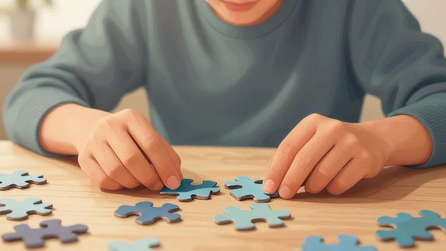 Illustration%20of%20a person carefully placing puzzle pieces together on a table, calm expression, soft natural light, detailed textures