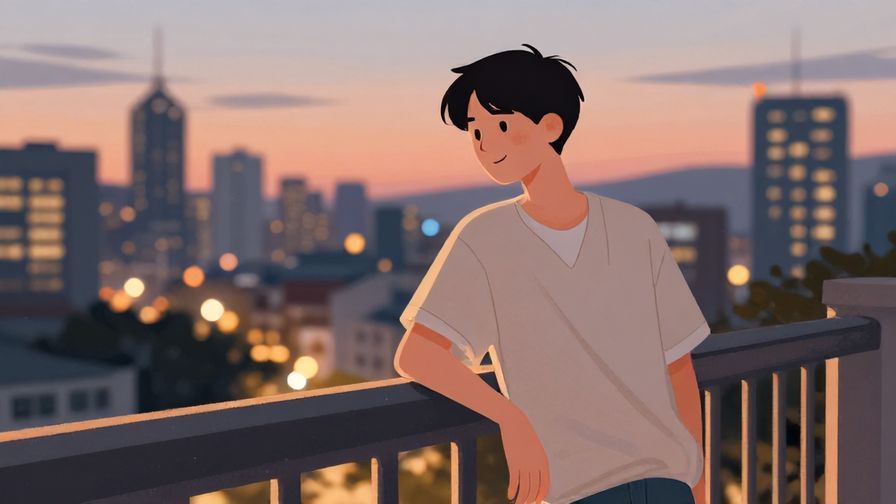 Illustration%20of%20a person casually leaning on a railing with a slight smile, city background at dusk, illustrated style