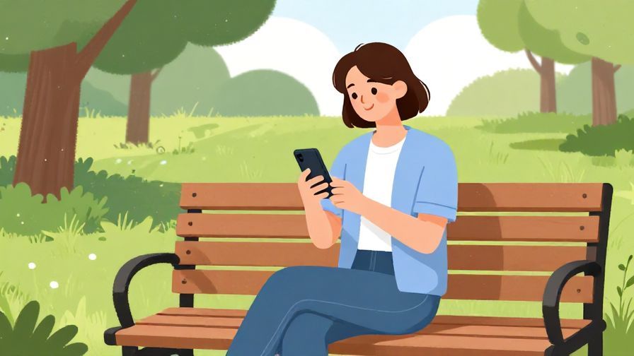 Illustration%20of%20a person casually sitting on a bench, smiling and holding a smartphone, park background, bright colors, illustrated style
