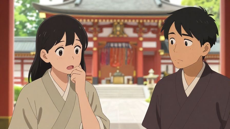 Illustration%20of%20a person cautiously speaking while another looks concerned, shrine background visible outside a window, illustrated style