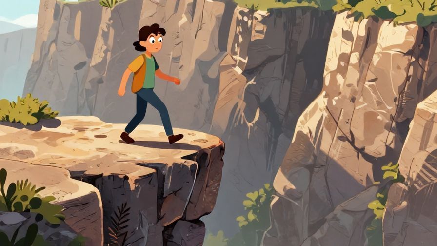 Illustration%20of%20a person cautiously stepping near a cliff edge with wide eyes, bright daylight and detailed rocky background, vibrant colors, illustrated style