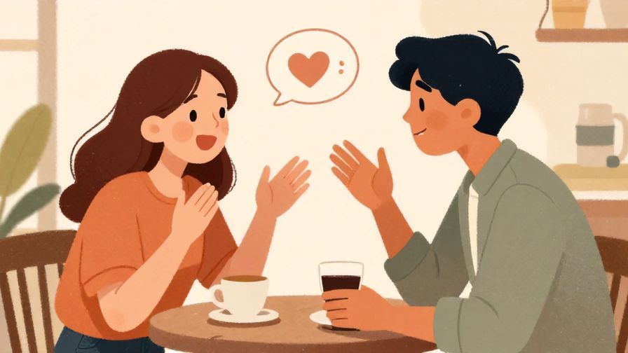 Illustration%20of%20a person chatting excitedly with a friend, expressive hand gestures, casual outdoor café scene, warm colors