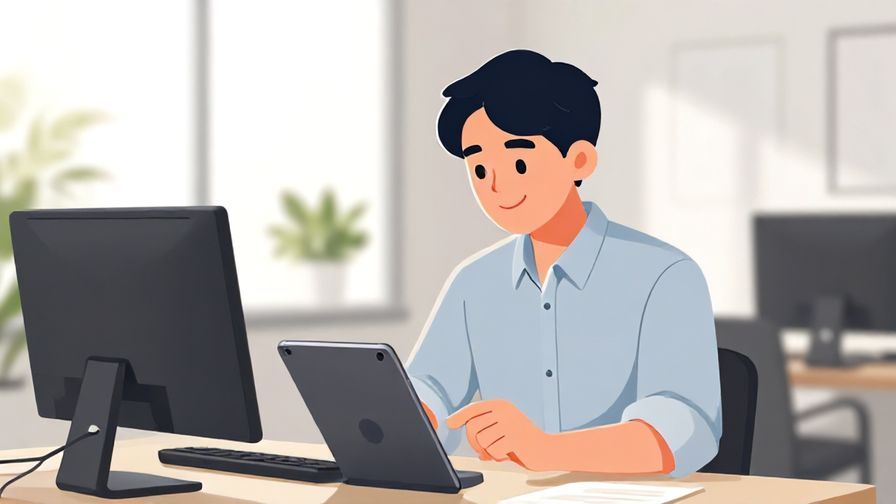 Illustration%20of%20a person checking a tablet device with a confident smile in an office, bright natural light, modern setting, illustrated style
