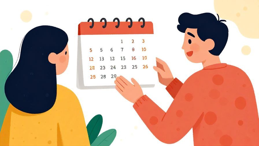 Illustration%20of%20a person cheerfully telling%20a%20friend%20while%20gesturing%20to%20a%20calendar%2C%20vibrant%20colors%2C%20illustrated%20style