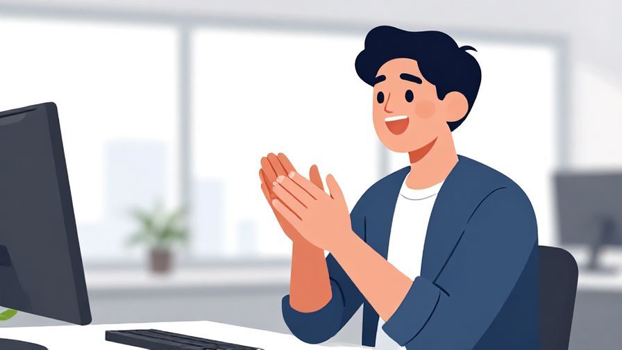 Illustration%20of%20a person clapping with enthusiasm, bright office background, energetic atmosphere