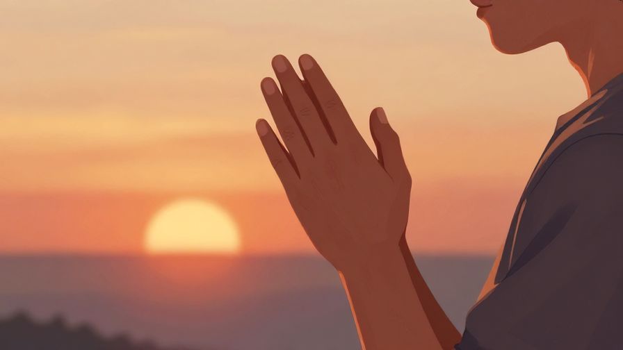 Illustration%20of%20a person clasping hands in prayer-like gesture, serene sunset background, soft warm colors, illustrated style