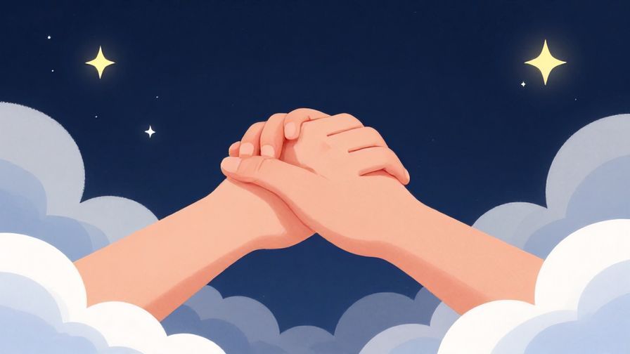 Illustration%20of%20a person clasping hands politely while requesting silence, surrounded by stars and heavenly clouds