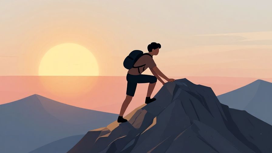 Illustration%20of%20a person climbing a mountain confidently, sunrise in the background, symbolizing trust and challenge, illustrated style