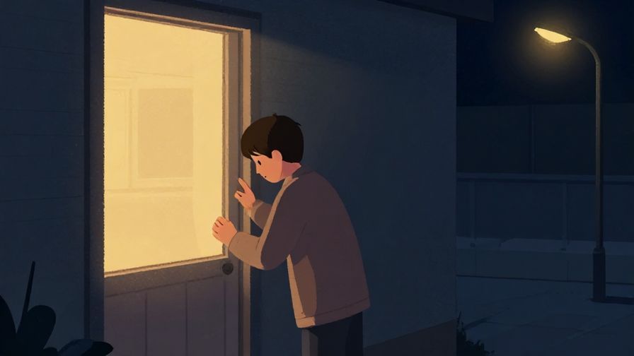 Illustration%20of%20a person closing their door carefully at night, gentle streetlight outside, feeling of safety