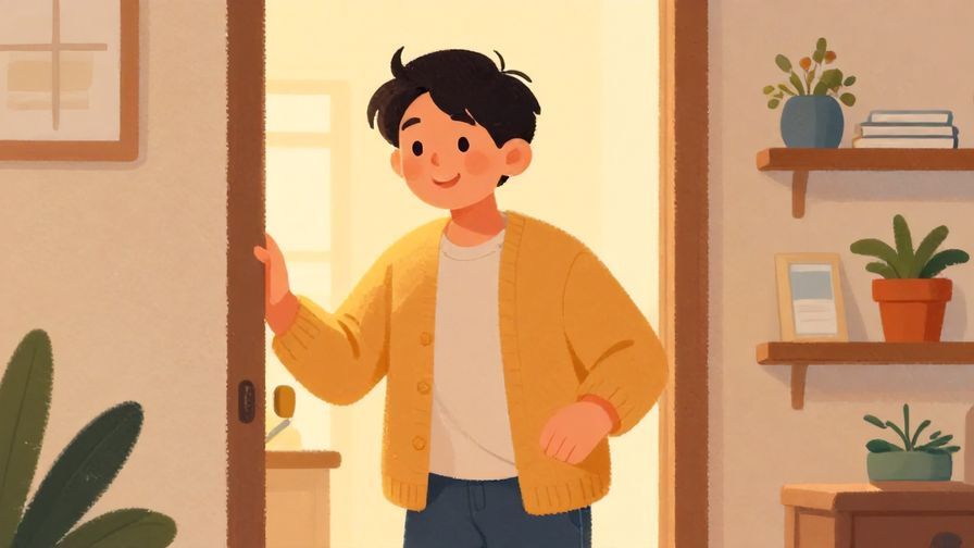 Illustration%20of%20a person coming home with a smile, warm lighting suggesting a cozy atmosphere, gentle shadows, vibrant colors, illustrated style