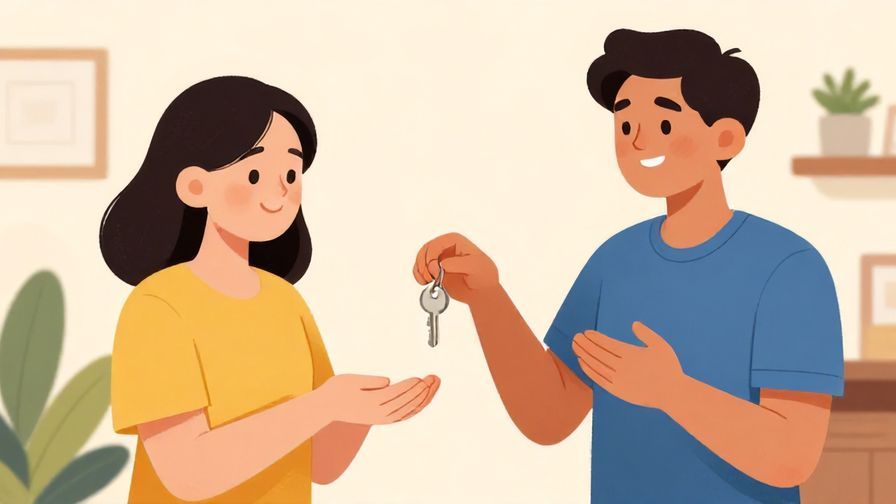 Illustration%20of%20a person confidently handing over a key to another with a trusting smile, bright colors, detailed background, illustrated style