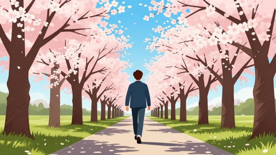 Illustration%20of%20a person confidently stepping forward on a path lined with blooming cherry blossoms under a clear blue sky, symbolizing progress and optimism