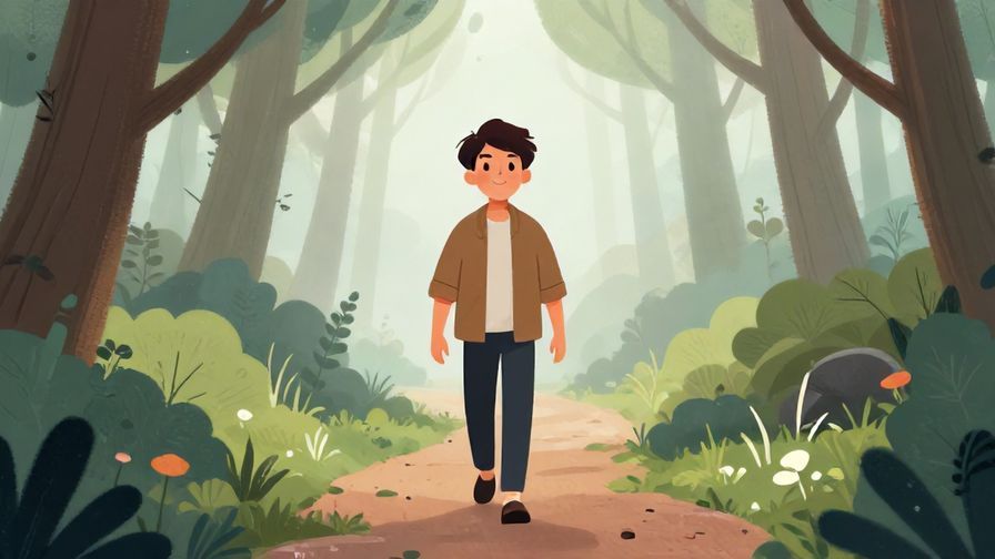 Illustration%20of%20a person confidently walking forward through a misty forest path, hopeful expression, soft lighting, illustrated style