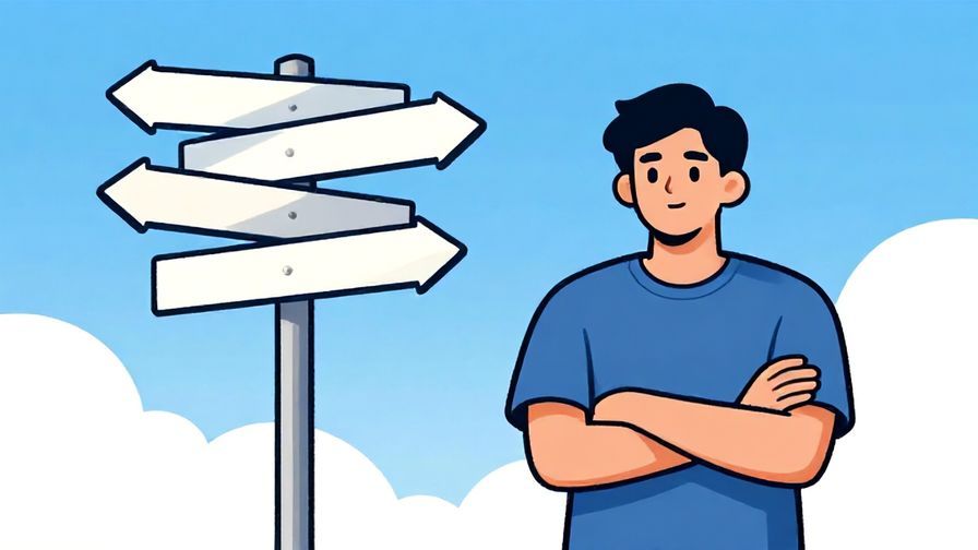 Illustration%20of%20a person crossing their arms firmly, standing next to a signpost with arrows pointing in different directions, bright and clear day, illustrated style