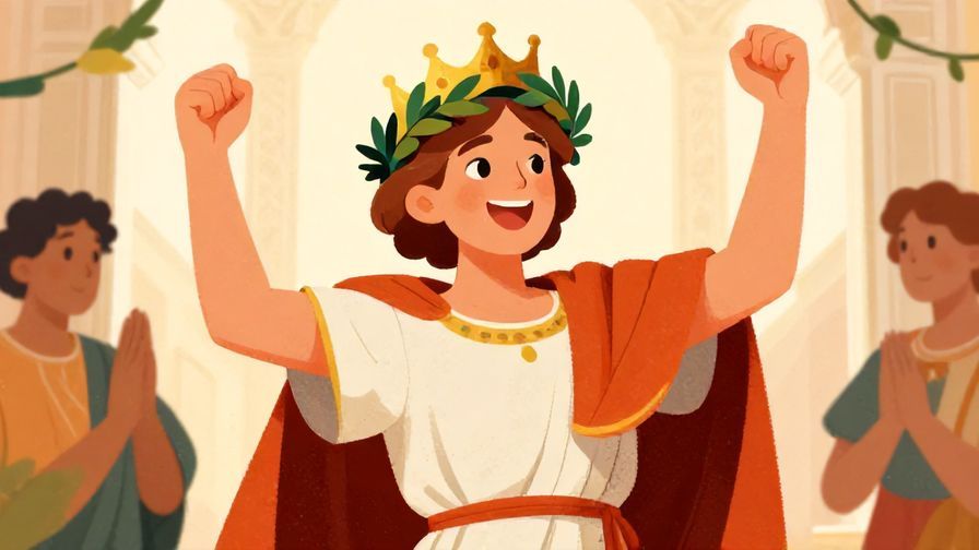 Illustration%20of%20a person crowned with a laurel wreath in a classical setting, triumphant expression, vibrant colors, illustrated style