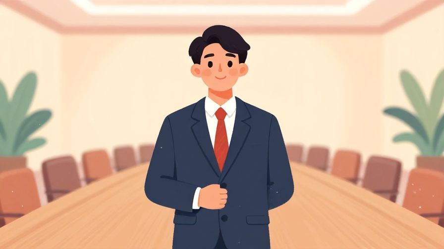Illustration%20of%20a person dressed formally smiling expectantly in a conference room, soft pastel background, vibrant colors, illustrated style