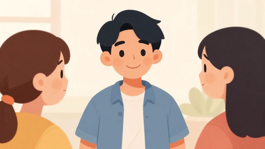 Illustration%20of%20a person encouraging others to smile warmly before a photo, with soft colors and friendly atmosphere