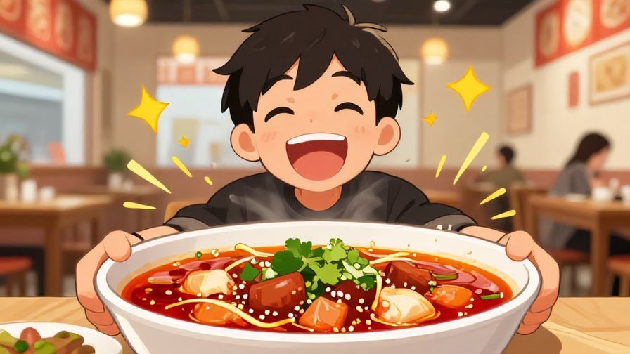 Illustration%20of%20a person enjoying a spicy dish with an excited smile, animated punch effect around the dish, bright restaurant setting.
