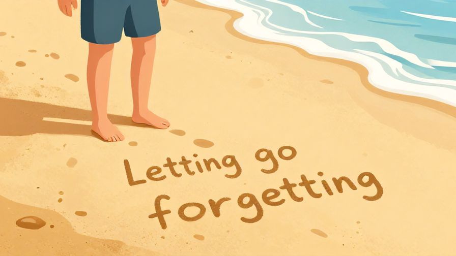 Illustration%20of%20a person erasing footprints on a sandy beach, symbolizing letting go and forgetting, bright colors, illustrated style