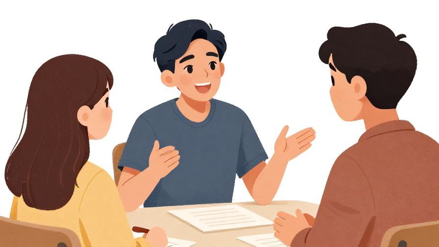 Illustration%20of%20a person explaining something enthusiastically to a friend with a warm smile, casual setting.