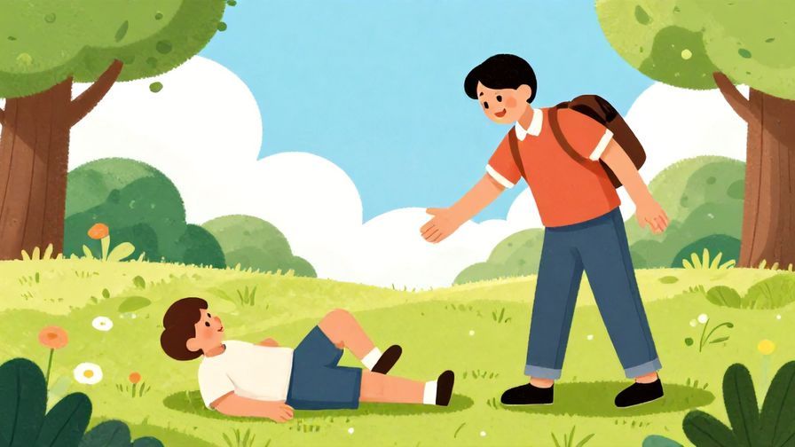 Illustration%20of%20a person extending a helping hand to another standing up from falling, lively outdoor scene, vibrant colors, illustrated style