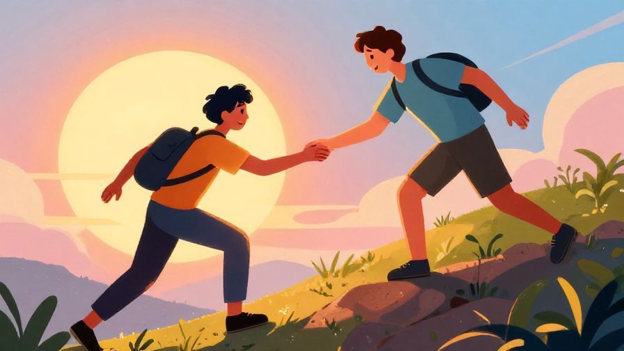 Illustration%20of%20a person extending a helping hand to another person climbing a hill, vibrant sunrise in the background, hopeful atmosphere, illustrated style