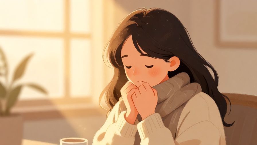 Illustration%20of%20a person feeling cozy and warm with soft sun rays around, gentle smile and glowing warm light, illustrated style