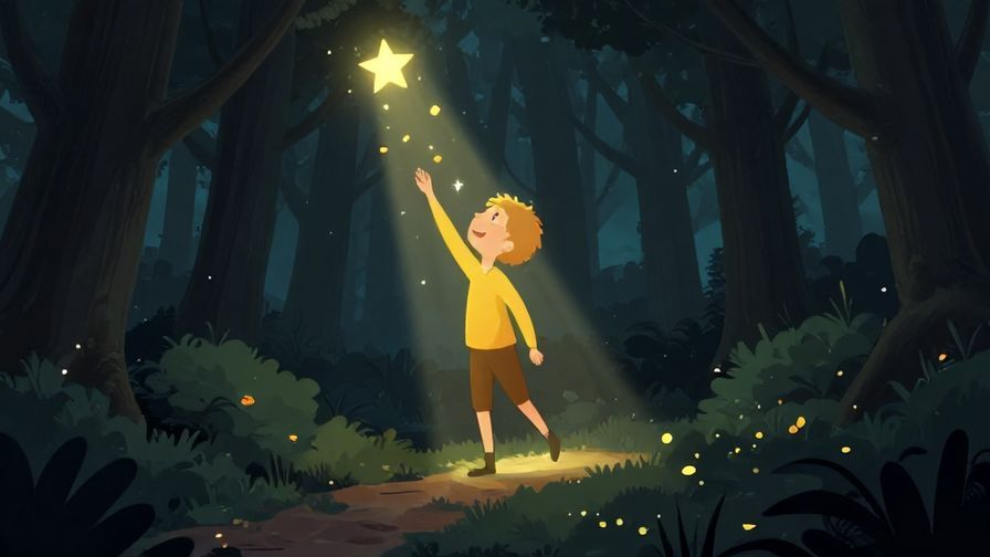 Illustration%20of%20a person following a shining star path through a dark forest, illuminated by gentle light rays and floating leaves, hopeful expression