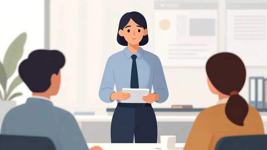 Illustration%20of%20a person formally presenting information to colleagues, calm and clear expression, office background, illustrated style