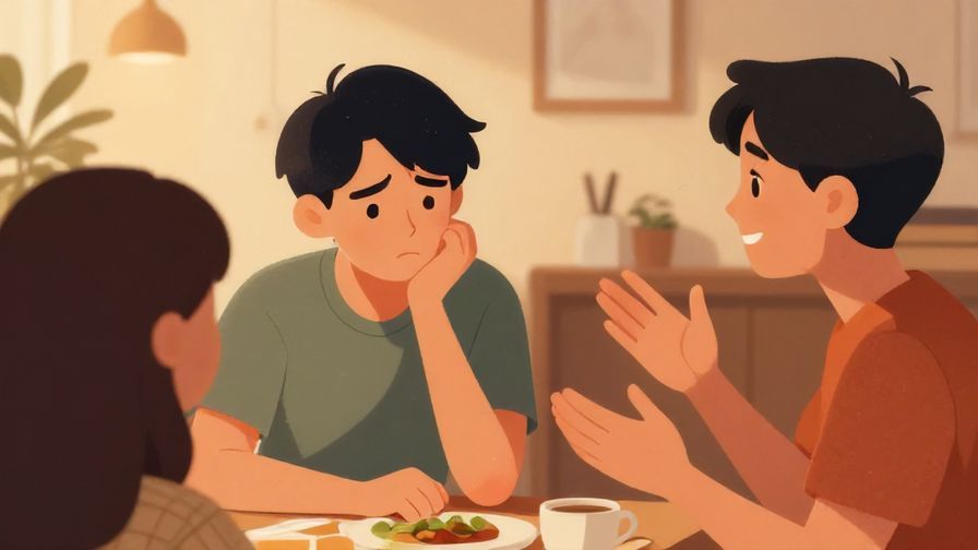 Illustration%20of%20a person frowning deeply, with a smiling friend gesturing to cheer them up, cozy indoor setting