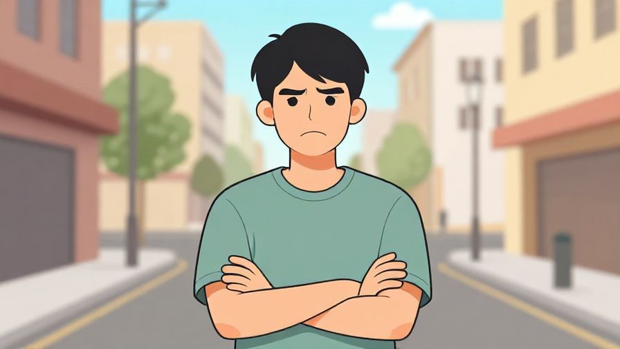 Illustration%20of%20a person frowning seriously with crossed arms, standing confidently in a street scene