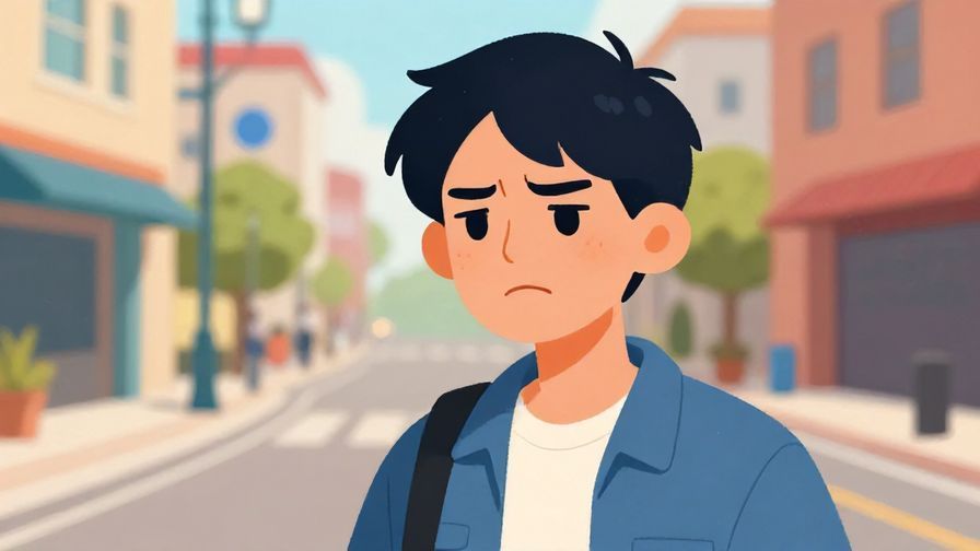 Illustration%20of%20a person frowning slightly with a reluctant expression, casual street background, vibrant colors, illustrated style