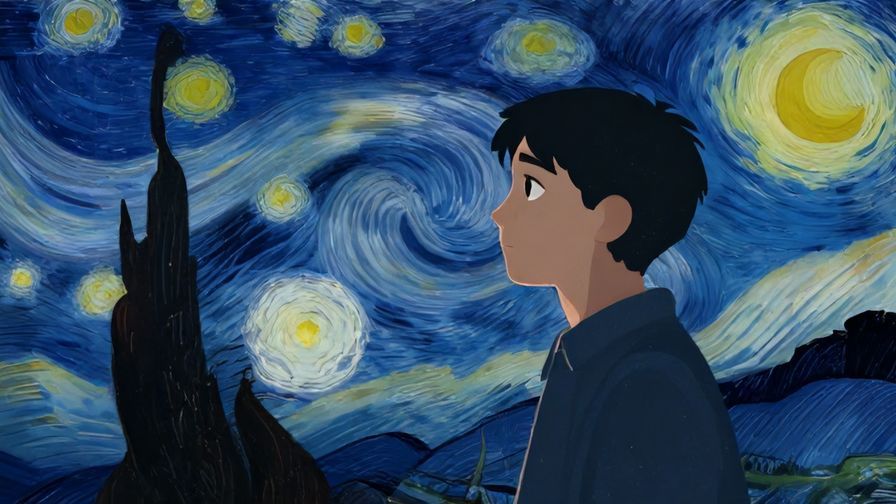 Illustration%20of%20a person gazing at a starry night sky, with a calm and reflective expression, illustrated style
