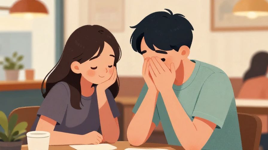 Illustration%20of%20a person gently apologizing with a shy smile and slight bow, casual café environment, detailed background, vibrant colors, illustrated style