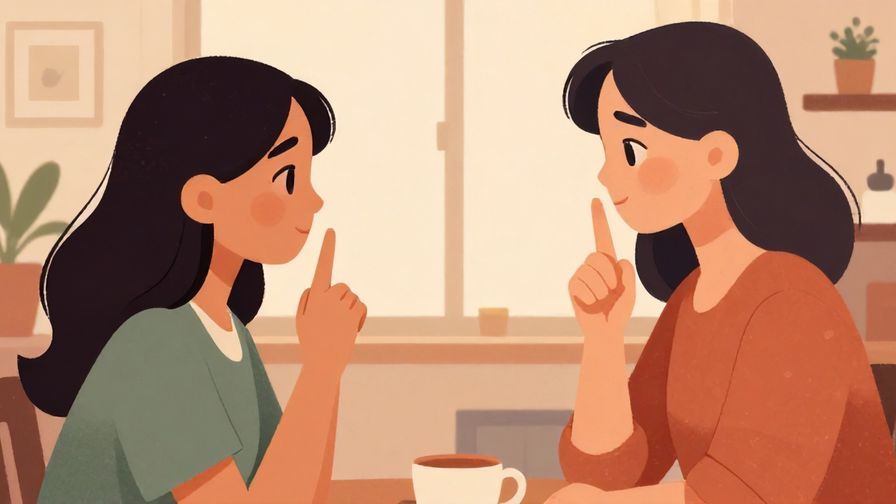 Illustration%20of%20a person gently asking another to keep a secret, hand gesture signaling silence, cozy indoor setting