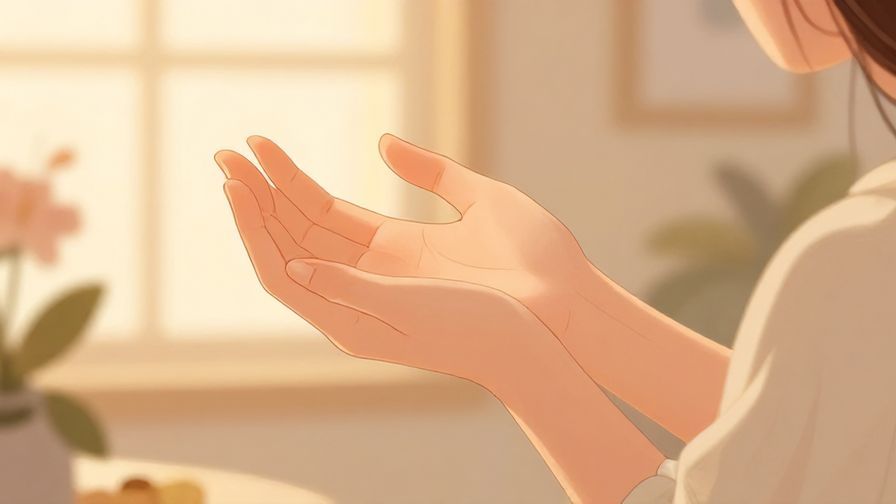 Illustration%20of%20a person gently gesturing with open hands, soft indoor setting with warm lighting and floral accents, illustrated style